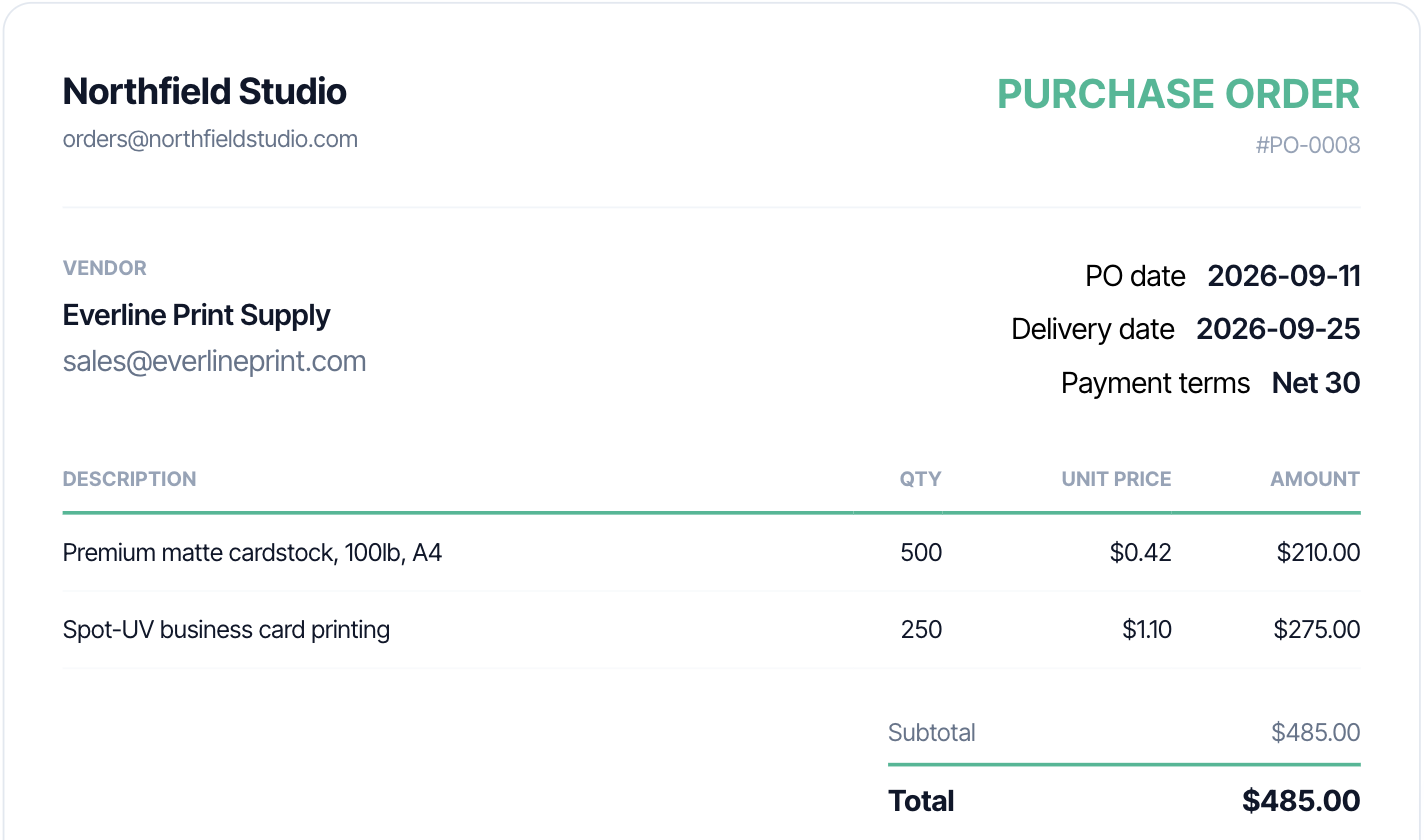 Example purchase order generated by Taskip's free purchase order generator, showing vendor details, itemized line items, Net 30 payment terms, and the total