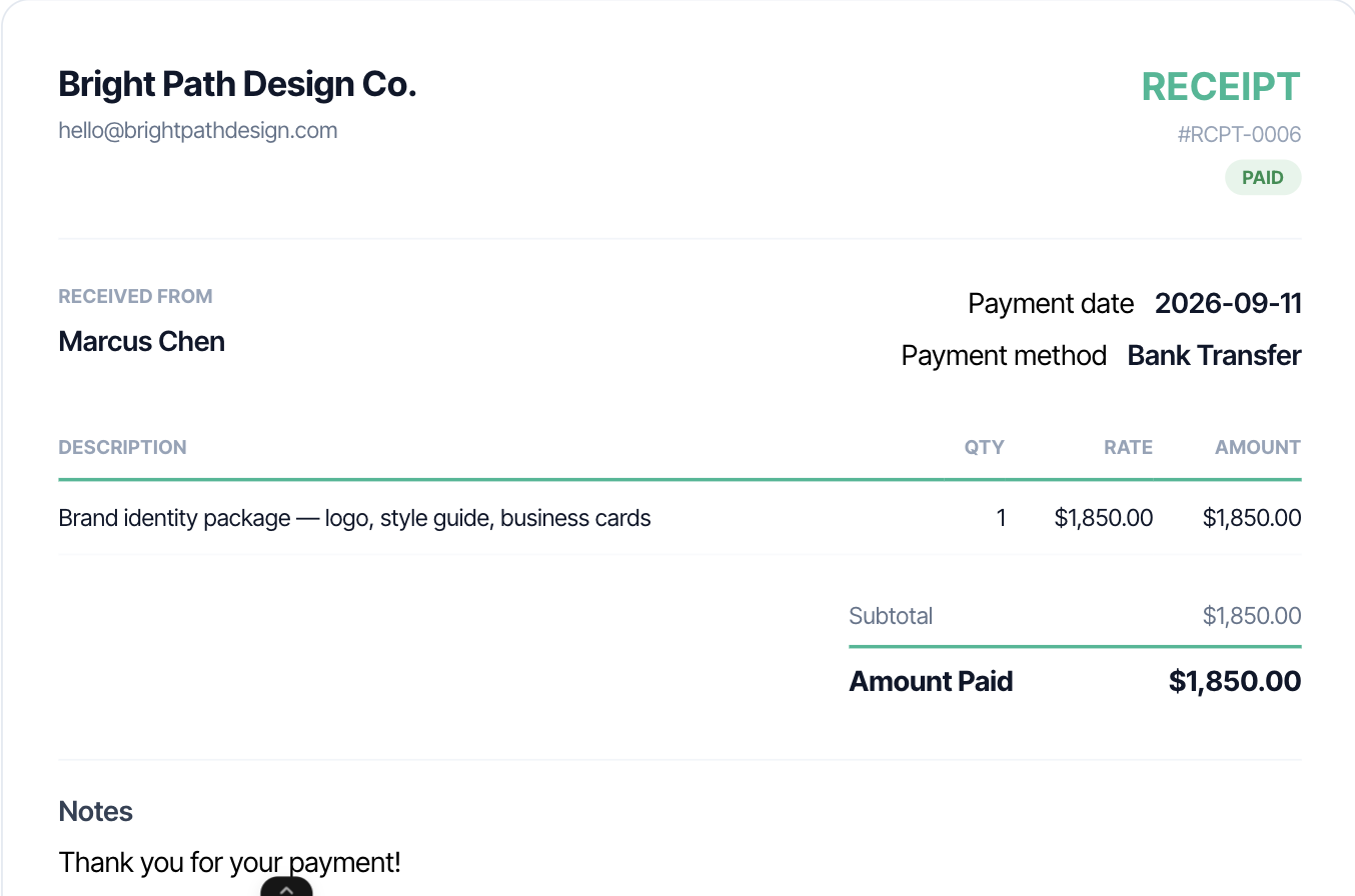 Example receipt generated by Taskip's free receipt generator, showing an itemized line item, a green Paid badge, payment method, and the amount paid total
