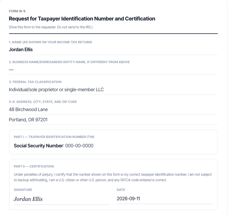 Example W-9 form generated by Taskip's free W-9 form generator, showing name, federal tax classification, address, and the certification signature section with a placeholder TIN